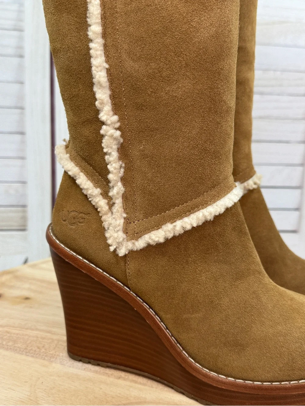 Ugg Aubrie Suede Shearling Wedge Heel Knee High Boots Tan 7.5 Boho Retro - Picture 7 of 12